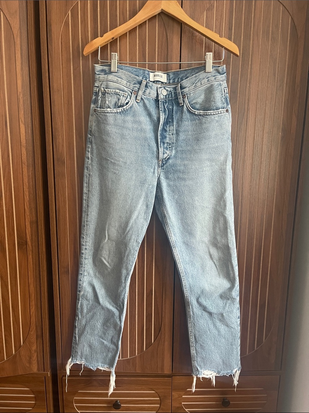 AGOLDE Light Wash Distressed Hem Slightly Crop Jeans